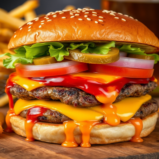 High-resolution, close-up image of a gourmet double cheeseburger. The burger features a glossy, sesame-seed-topped brioche bun. Inside, there are two thick, juicy beef patties, each topped with melted cheddar cheese. The burger is garnished with fresh lettuce, tomato slices, diced onions, and pickles. A generous amount of ketchup and a creamy, orange-colored sauce is dripping down the sides, adding to the mouth-watering appeal. In the background, there are blurred elements including a side of golden French fries and a hint of a beverage, enhancing the overall presentation of a delicious meal.