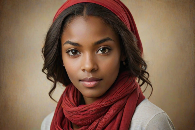 Create a portrait of a young African American woman with long, dark hair and captivating hazel eyes. She is wearing a red headscarf and a matching scarf draped gracefully around her neck. The background is softly blurred, focusing attention on her serene and natural expression. The overall color palette is muted and warm, enhancing the intimate and authentic feel of the portrait.