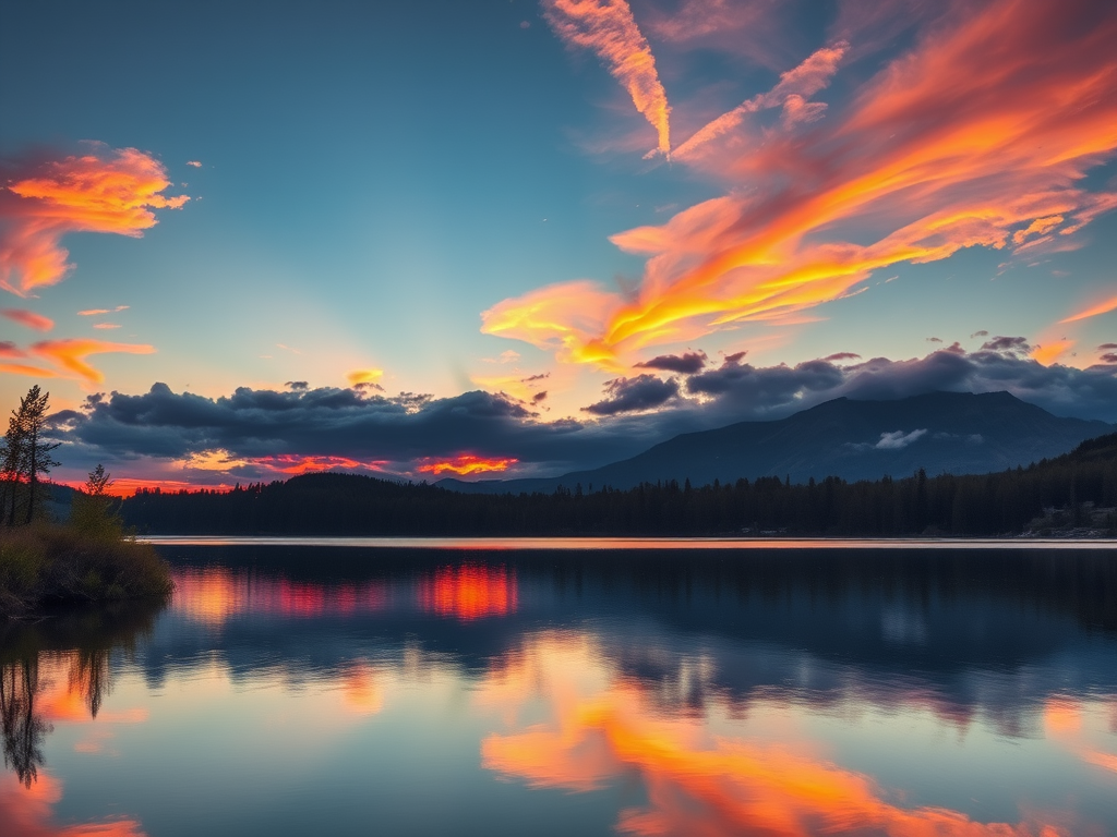 Generate a high-resolution image of a serene landscape at sunset, with vibrant colors reflecting on a calm lake, captured with a Canon EOS R5, 24mm lens, f/8 aperture, ISO 100, in landscape orientation with HDR processing.