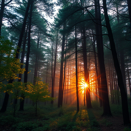 Create a high-resolution image of a peaceful forest landscape during sunrise, with vibrant colors and soft lighting, captured with a Canon EOS R5 camera, using a 24mm lens, aperture set to f/8, shutter speed at 1/200s, ISO 100, in landscape orientation.