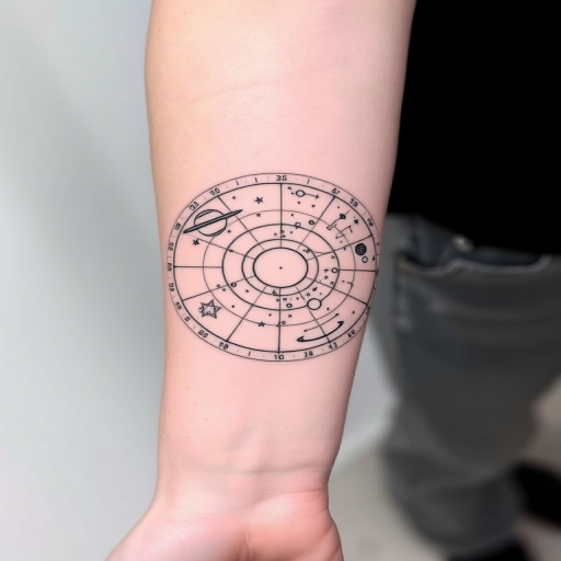 Minimalist black linework tattoo called "Celestial Blueprint" depicting an intricate astronomical chart spanning the forearm, showcasing constellations, planets, and cosmic symbols in precise, thin lines, creating a sophisticated and scientific aesthetic with subtle dotwork shading for depth