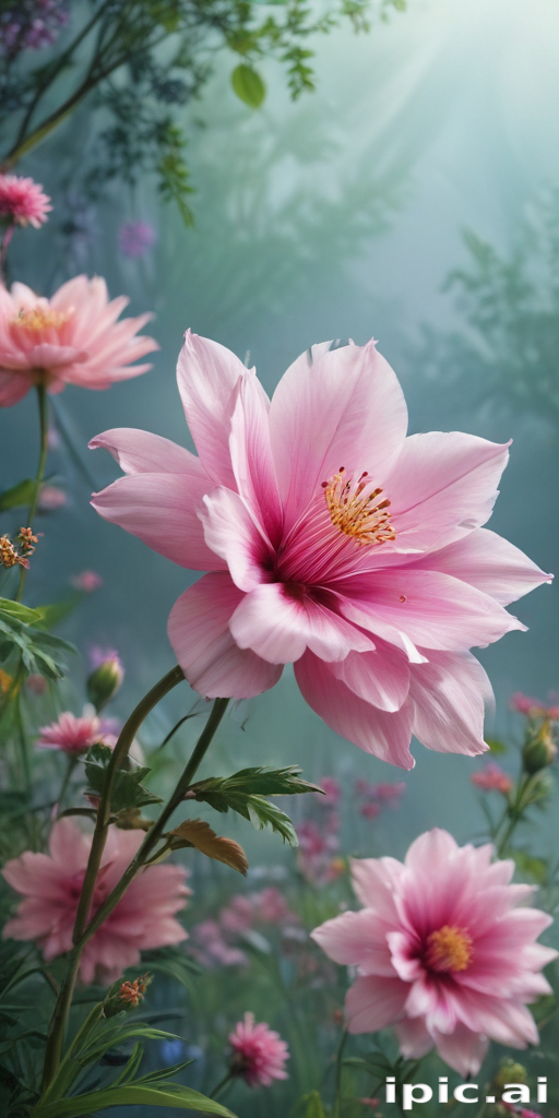 Delicate Pink Blossoms in a Serene, Lush Green Garden Landscape