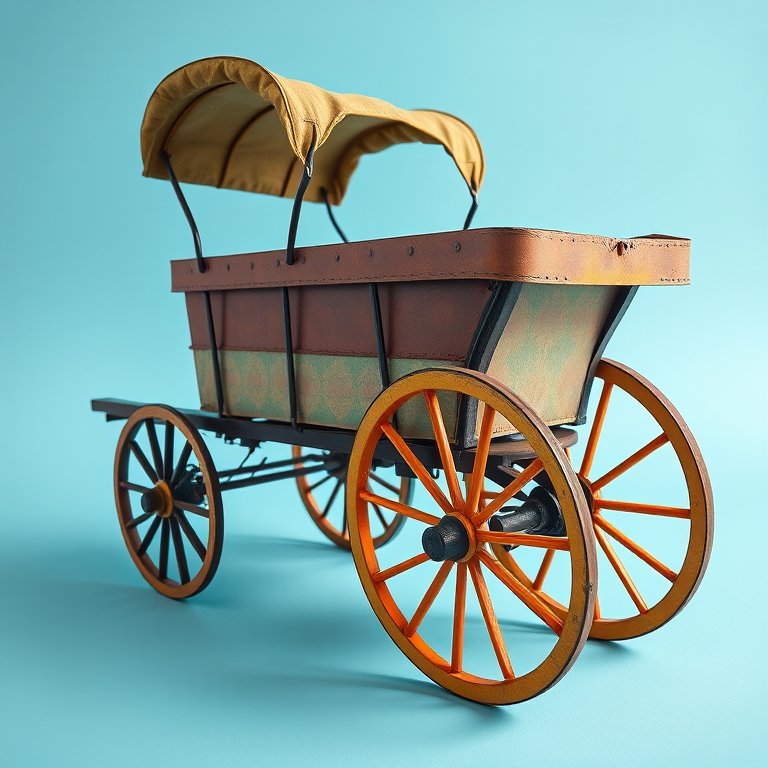 Generate a high-resolution image of a vintage cart with colorful wheels on a light blue circular background, using a Canon EOS 5D Mark IV, 50mm lens, f/1.8 aperture, ISO 100, and natural daylight for enhanced clarity.