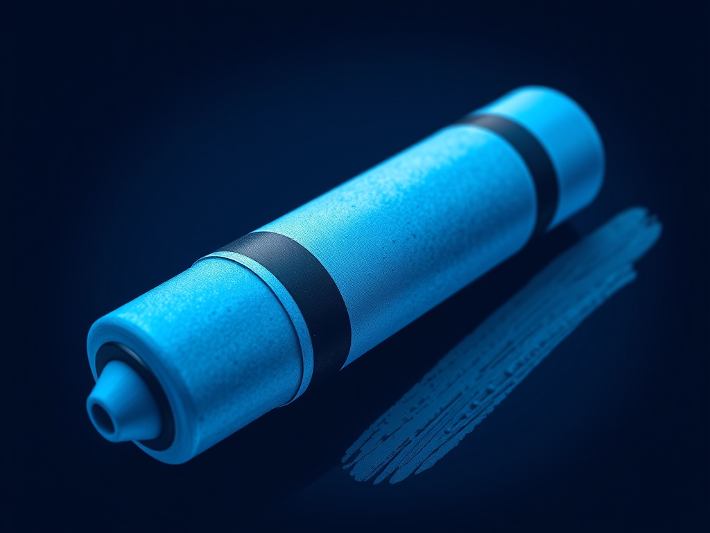 Create a detailed illustration of a blue crayon, using high contrast colors, with a focus on texture and shadows, captured with a Canon EOS R5 camera, 50mm lens, f/2.8 aperture, ISO 100, soft diffused lighting, and a slight top-down view for depth.
