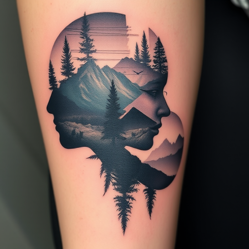 Surrealist double exposure tattoo named "Dreamscape Duality" blending two distinct images into a single cohesive design natural landscapes morph into human profiles creating a haunting and thought-provoking visual narrative fine line work and subtle gradients achieve a dreamlike quality that challenges perception