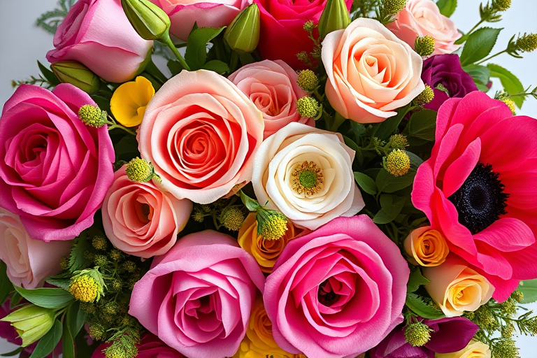 floral arrangement with a variety of roses, anemones, and greenery, vibrant colors, high detail, soft lighting, taken with a Canon EOS R5 at f/2.8, ISO 100, 50mm lens, overhead view, natural light, macro photography
