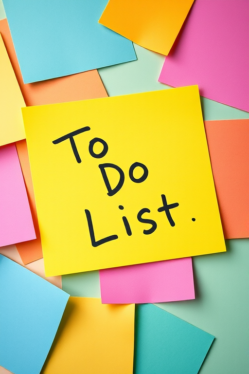 create an image of colorful sticky notes with "To Do List" printed on them, arranged in a flat lay style, using a DSLR camera, aperture f/4, shutter speed 1/125 sec, ISO 100, natural light for enhanced clarity and vibrancy