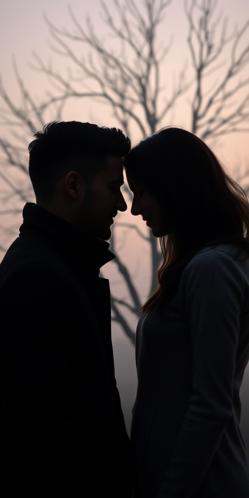 silhouette of a couple with foreheads touching in front of a foggy background and bare tree, captured with a Canon EOS R5, 50mm lens, f/1.8 aperture, ISO 200, soft focus, twilight ambiance