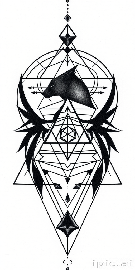 Geometric blackwork tattoo combining sacred geometry and animal silhouettes, precise line work and symmetry, bold contrast and negative space, modern minimalist design