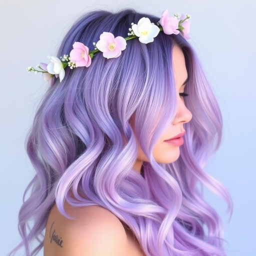 Luscious lavender ombre fading into soft pastel blue, styled in loose beachy waves with delicate flower crown accents, evoking a dreamy ethereal look named Twilight Bloom