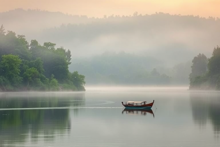 Landscape photo of a tranquil lake surrounded by lush green trees during early morning mist, featuring a small boat floating gently on the water, using a Canon EOS R5 with a 24-70mm lens, aperture f/5.6, ISO 100, shutter speed 1/125 sec, shot from a low angle for a serene perspective.
