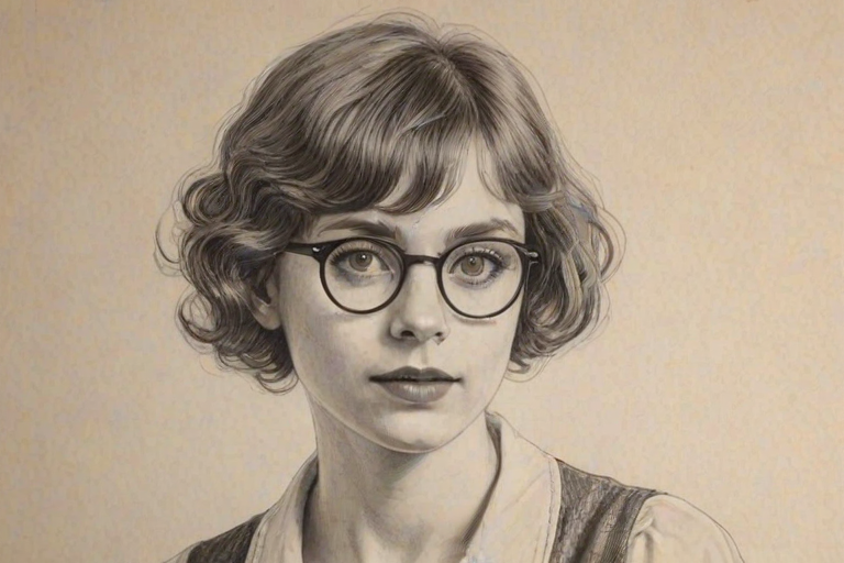 Lovely Sophia Lillis, pencil sketch, portrait of Captivating woman 1922s in glasses, hair style beatnik, outline, clear lines, fine lines, 8k