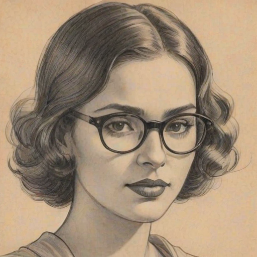 Comely Isabela Merced, pencil sketch, portrait of Gorgeous woman 1928s in glasses, hair style beatnik, outline, clear lines, fine lines, 8k