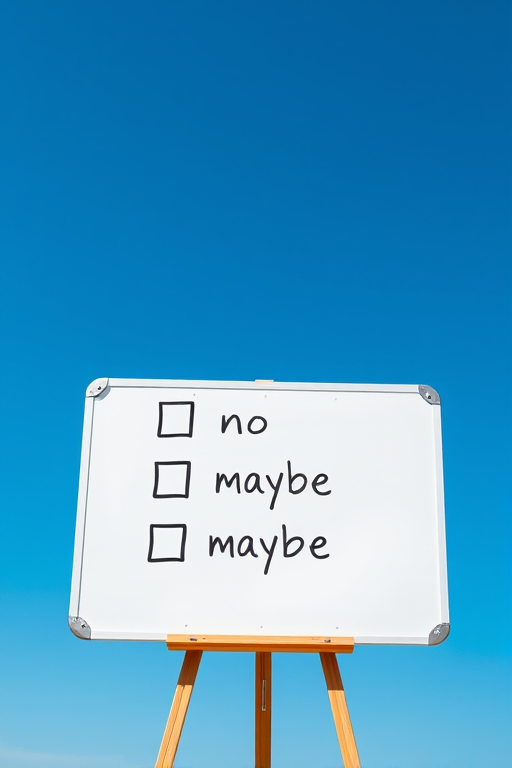 Create an image of a whiteboard with three checkboxes labeled "yes," "no," and "maybe," with "maybe" checked, in a bright blue sky background, shot with a DSLR camera at f/5.6 aperture, 1/200 sec shutter speed, and ISO 100, in landscape orientation for enhanced clarity and vibrancy.