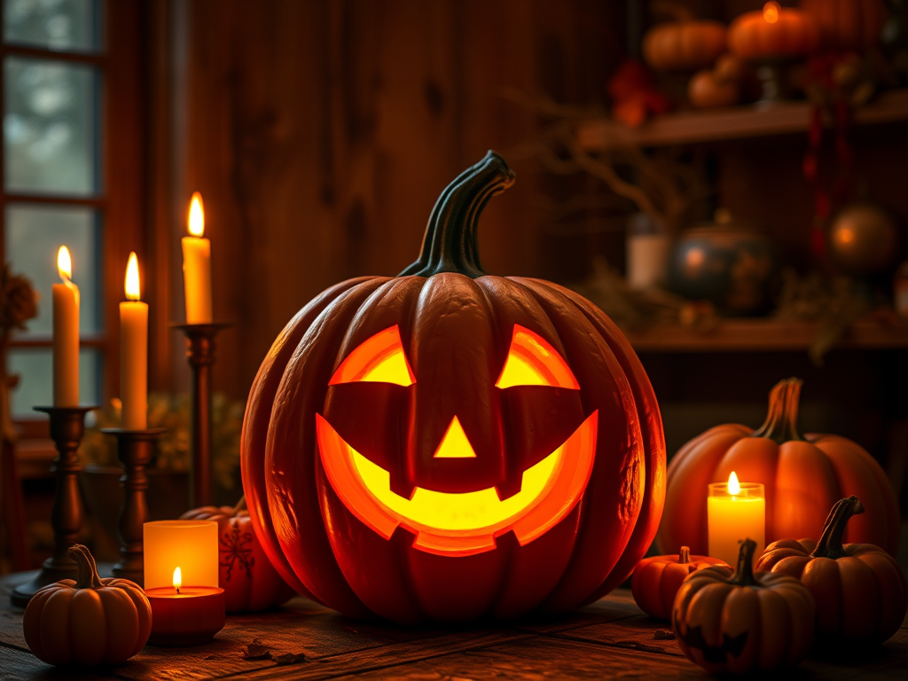 A cozy Halloween scene featuring a carved pumpkin with a cheerful face glowing warmly from within surrounded by flickering candles and smaller pumpkins in a dimly lit room with wooden textures and autumn decorations.