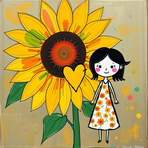 Stylized impressionism painting of a large sunflower with an oversized center and colorful petals. Beside, a young female character with eyes represented by dots and a mouth by a line, pink cheeks, hair attached, arms and legs a black line, flowery white dress triangle shape. A yellow heart surrounded by a black line between the two. Textured background with touches of colorful paint. Childish style.