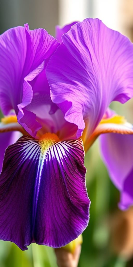 macro shot of a vibrant purple iris flower with detailed texture and colors, aperture f/2.8, shutter speed 1/250s, ISO 100, 50mm lens, soft natural lighting, DSLR camera