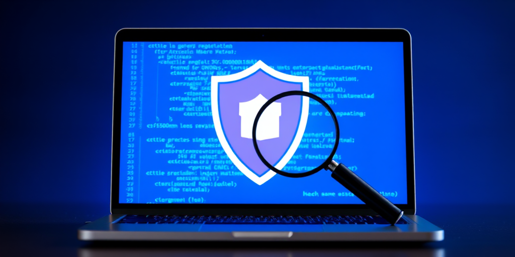 Create an image of a laptop with a blue background displaying a shield symbol and a magnifying glass over code while ensuring high resolution, using a 50mm lens, f/8 aperture, 1/125s shutter speed, and natural lighting.