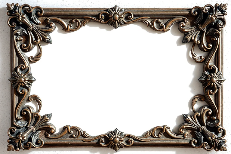 Generate a high-resolution image of an ornate metal corner frame with intricate floral designs, using a DSLR camera, 50mm lens, f/2.8 aperture, ISO 100, and a soft natural lighting setup.