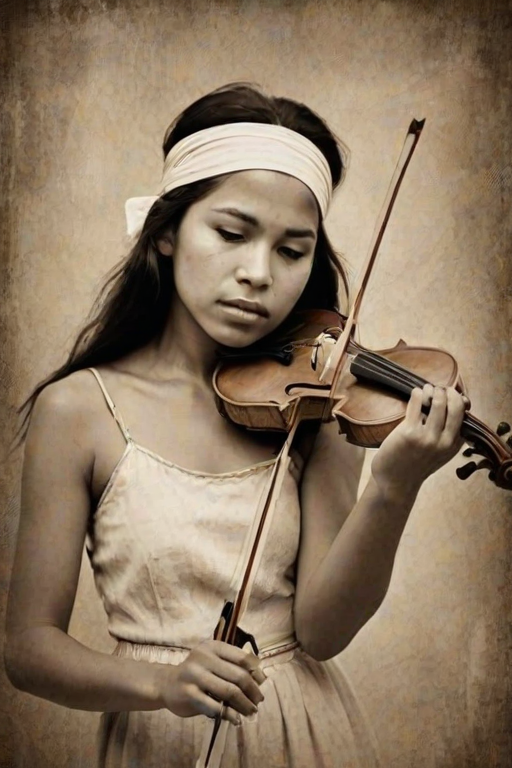 a young First Nations woman with a white headband playing a violin, in the style of a charcoal drawing, sepia grunge background