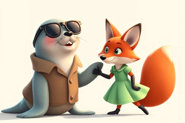 Create an animated image featuring a playful scene between a cartoon seal wearing sunglasses and a coat, and a sly fox dressed in a light green dress, using a vibrant color palette, captured with a Canon EOS R5, 50mm lens, f/1.8 aperture, and a bright, well-lit background for enhanced clarity and detail.