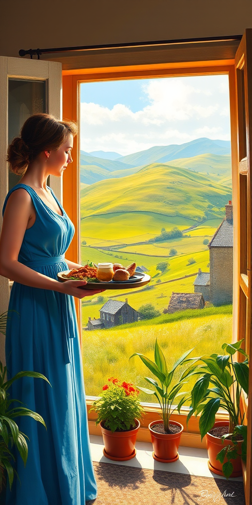 In "A Glass of Beer on the Highland," a serene scene is depicted in a sunlit room where a woman in a vibrant blue dress stands by a large window. She holds a tray with a hearty meal and a frothy glass of beer, embodying a moment of relaxation. Outside, the breathtaking highland landscape features rolling green hills and a charming traditional house, all bathed in warm afternoon light. The interior is adorned with potted plants, creating a harmonious blend of comfort and nature. The painting beautifully captures the tranquility and joy found in simple pleasures amidst stunning scenery