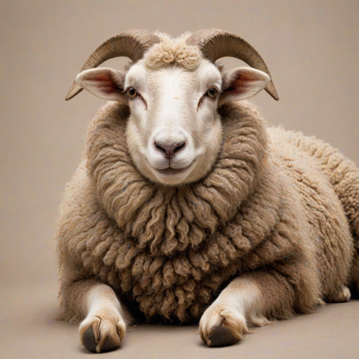 Generate an image of a relaxed sheep with a thick, fluffy brown coat, lying down against a neutral background. The sheep should have a calm expression, with its ears perked up slightly, capturing a peaceful and cozy atmosphere.