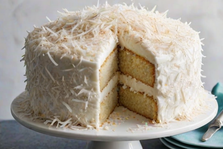 Create an image of a three-layer coconut cake with a fluffy white frosting and a generous amount of shredded coconut on top. The cake should be displayed on a glass cake stand, with a slice cut out to reveal its layers. The background should be dark to contrast with the bright white of the cake.