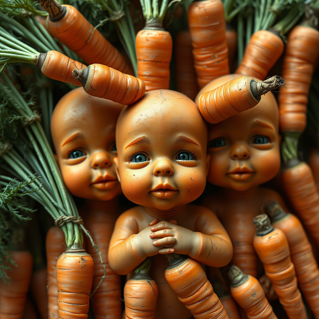 A bunch of carrots in the form of anthropomorphic babies.