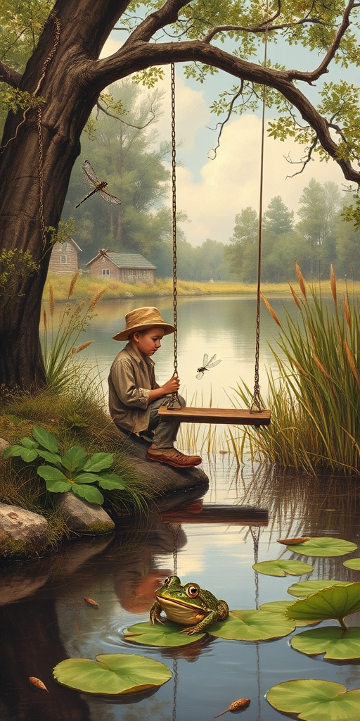 Imagine a small group of old fashioned young boys out fishing by the creek, a swing hanging from a tree branch, reeds and grasses by the water's edge, a frog sitting on a lily pad, dragonflies hovering over som water plans, a very iconic old fashioned scene reminiscent of a Norman Rockwell painting style