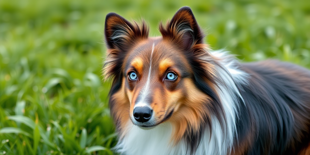 A close-up portrait of a Shetland Sheepdog with striking blue eyes, sitting gracefully on a vibrant green lawn, shot with a Canon EOS R5 at f/2.8, ISO 100, 1/200 sec, using a 50mm lens, in natural light for enhanced clarity and detail.