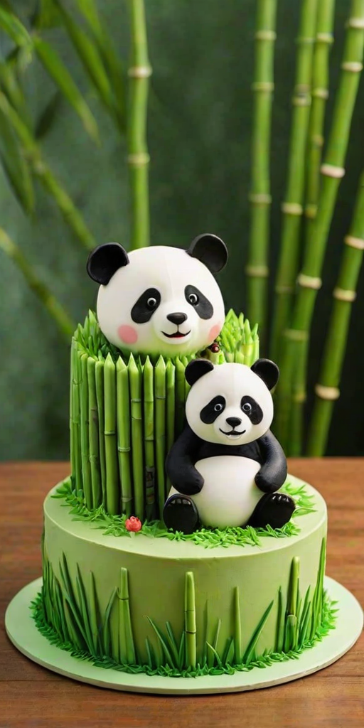 Create an image of a playful cake designed to resemble a panda's habitat. The cake should be decorated with bamboo shoots made of rolled wafer cookies, surrounded by green frosting to mimic grass. At the center, include a cute panda figure peeking out from behind the bamboo. The setting should be outdoors on a sunny day, with a grassy background.