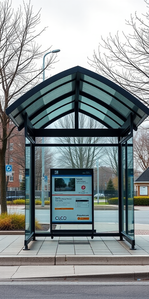 Generate a high-resolution image of a modern bus stop shelter with a sleek black roof and clear glass sides, taken from a frontal view using a DSLR camera with a 35mm lens, aperture set to f/8, ISO 100, and a shutter speed of 1/125s, with a focus on enhancing details and maintaining vibrant colors in the scene.