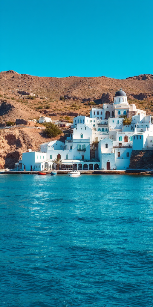 Photograph a coastal village with white buildings nestled against rocky hills, clear blue water in the foreground, shoot with a DSLR camera, settings: ISO 100, aperture f/8, shutter speed 1/250s, lens focal length 24mm, in bright daylight, use a wide-angle perspective to capture the landscape.