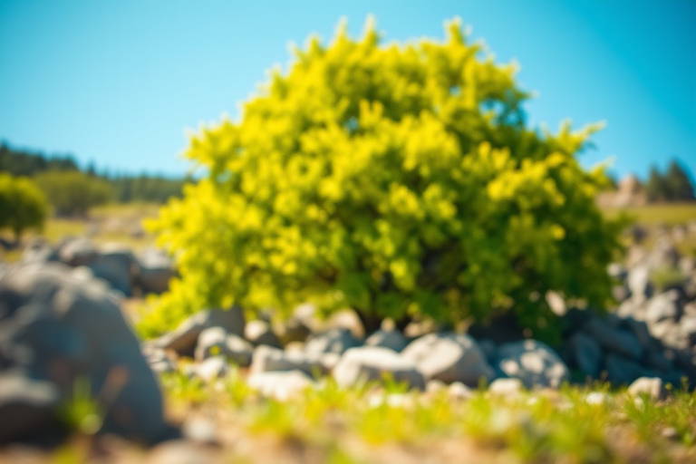 Generate a vibrant landscape scene featuring a lush green tree surrounded by rocks and small plants with a clear blue sky in the background, captured with a DSLR camera at f/2.8, ISO 100, 50mm lens, using a shallow depth of field to emphasize the foreground details while softly blurring the background elements, in bright daylight.