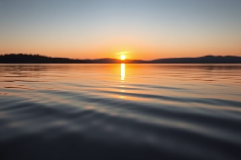 Generate a high-resolution image of a serene lake at sunrise with soft reflections, using a DSLR camera with a 50mm lens, aperture set to f/1.8, ISO 100, and a shallow depth of field from a low angle perspective.