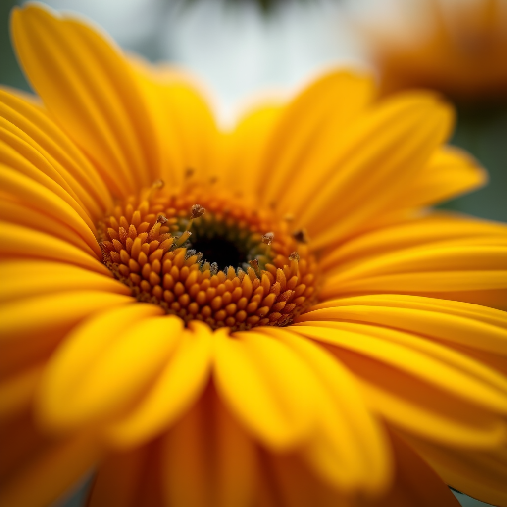 close-up of a vibrant yellow flower with intricate details, macro lens, f/2.8 aperture, 100mm focal length, ISO 100, soft focus background, natural lighting, DSLR camera