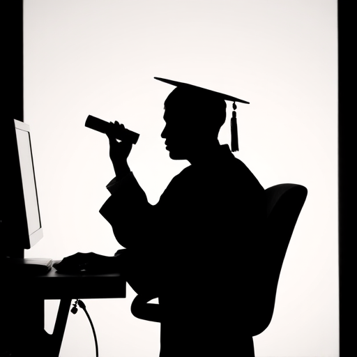 Create an image of a silhouette of a graduate at a computer with a hand extending a diploma from the screen, use a Canon EOS 5D Mark IV, f/2.8 aperture, 50mm lens, soft lighting, high resolution, and a clean, minimalistic background.