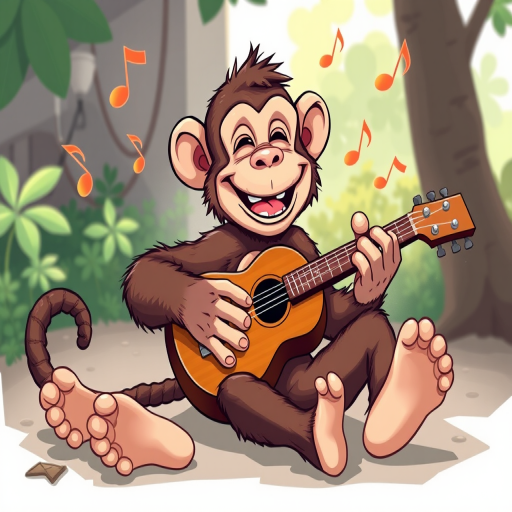 Create a detailed illustration of a cartoon monkey lounging comfortably on the ground, strumming a guitar with a joyful expression, surrounded by musical notes, using a DSLR camera with a 50mm lens, f/1.8 aperture, ISO 100, soft natural lighting for enhanced vibrancy and clarity.