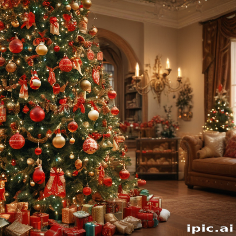 Festively Decorated Christmas Tree Surrounded by Colorful Gifts and ...