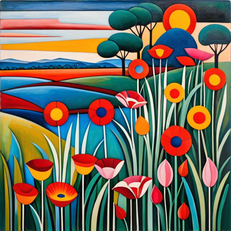 Cubist landscape with flowers, style of Rothko.