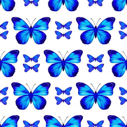 Create a repeating pattern of butterflies in vibrant shades of blue and purple on a white background. Ensure the butterflies are symmetrical and evenly spaced, showcasing their intricate wing designs. The overall arrangement should be visually appealing and balanced.