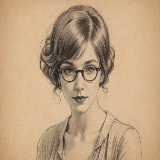 Charming Monica, pencil sketch, portrait of Enchanting woman 1923s in glasses, hair style beatnik, outline, clear lines, fine lines, 8k