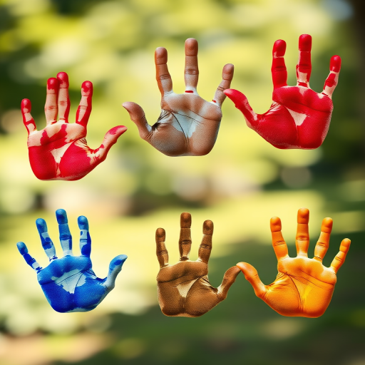 create an image of six variously colored handprints arranged in two rows, using a high-resolution digital camera with a shallow depth of field, 50mm lens, f/2.8 aperture, and natural lighting to enhance color vibrancy and detail