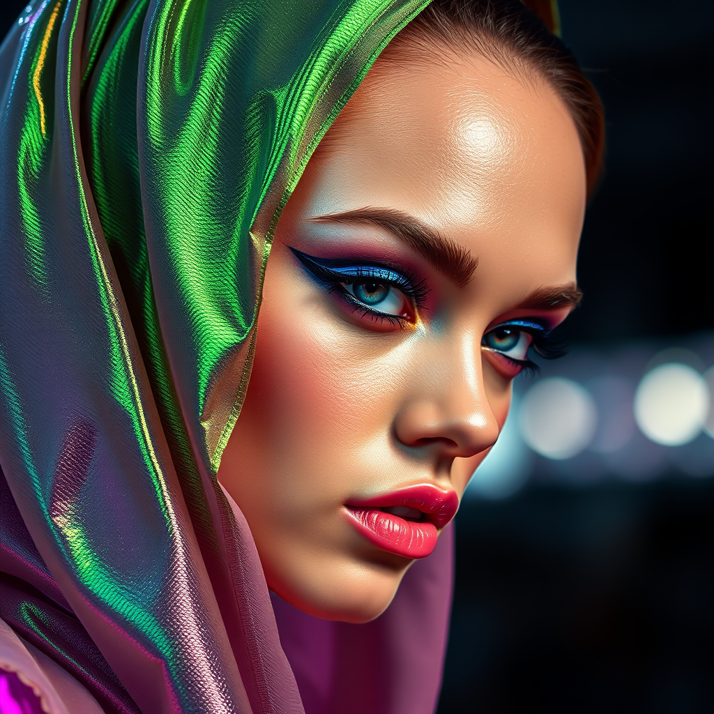 Runway capture, a beautiful model, vibrant colors, metallic textures, high fashion editorial , a 100mm macro lens to get extreme close-ups of intricate details like fabric stitching, accessories, or makeup artistry