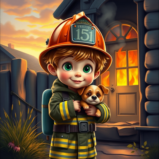 airbrushed oil painting, pixar style, cute little boy in fireman gear, helmet, tousled hair, expressive eyes, standing in the doorstep of a cottage burning behind him, holding a cute little dog in his arm, atumn sky