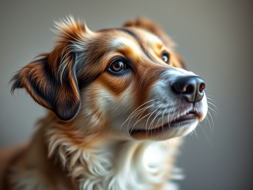 Create a hyper-realistic portrait of a dog with a focus on detailed fur texture, using a DSLR camera with a 50mm lens, f/1.8 aperture, ISO 200, and soft natural lighting to enhance image quality and depth, in a shallow depth of field.
