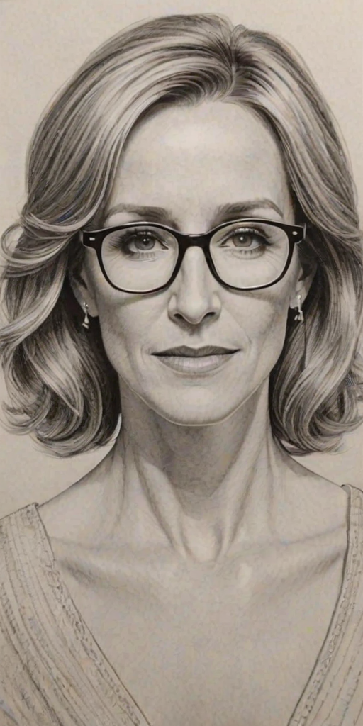 Dazzling Felicity Huffman, pencil sketch, portrait of Ravishing woman 1934s in glasses, hair style beatnik, outline, clear lines, fine lines, 8k
