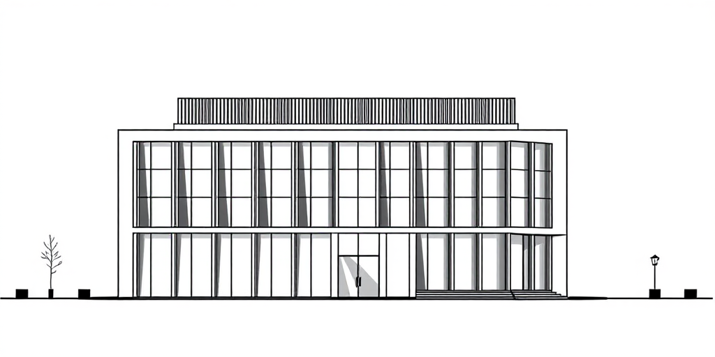 Regenerate a minimalist architectural illustration of a building with a flat design, featuring a long perspective view, using a DSLR camera with a 35mm lens at f/8, ISO 100, and 1/250s shutter speed, focusing on sharp lines and high contrast.