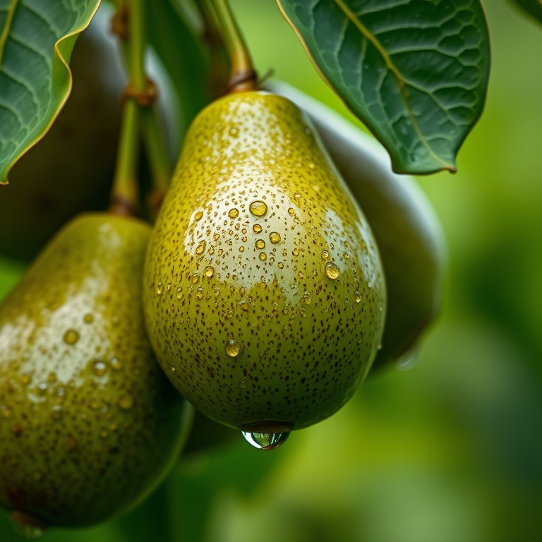 Close-up of avocados hanging from a branch with droplets of water, shallow depth of field, vibrant green background, 50mm lens, f/2.8 aperture, ISO 200, natural light, DSLR camera.